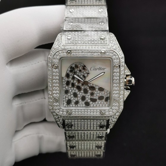 Cartier Santos Silver-Tone Panther Watch with Moissanite